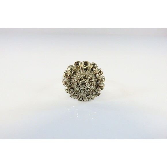 Antique Style Round Flower Form Marcasite Ring Solid Back Sterling Silver Size 4 - Picture 1 of 7